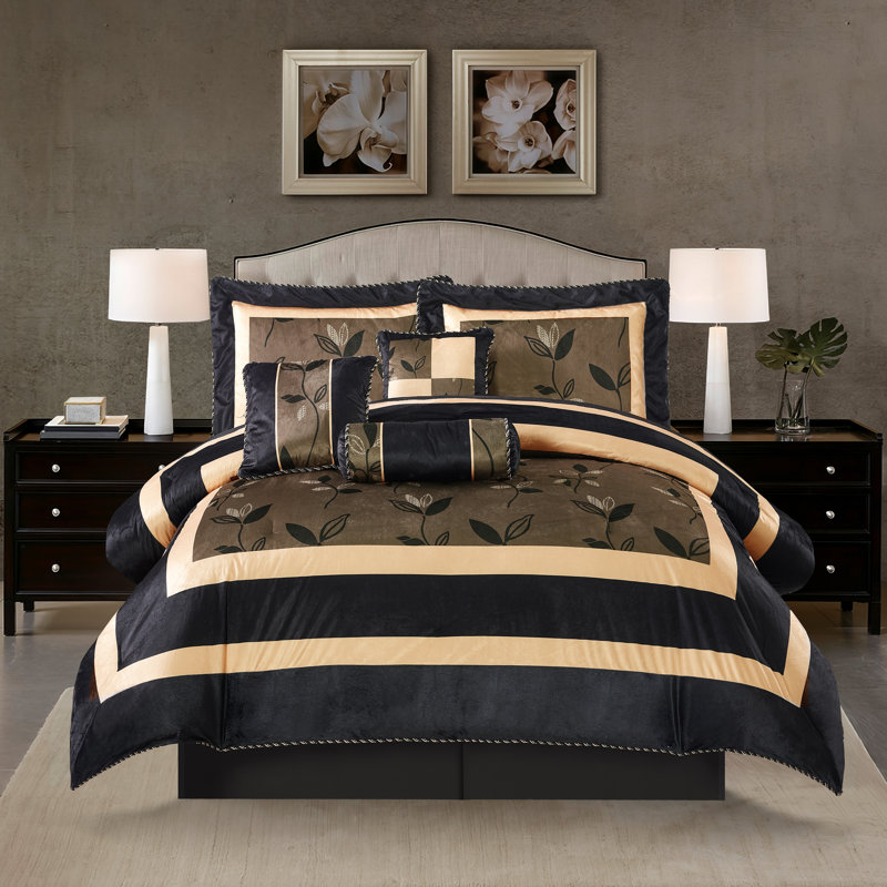 Pastora 7 Piece Short Plush Leaves Print Polyester Comforter Set, Cal. King Comforter + 6 Additional Pieces, Bronze