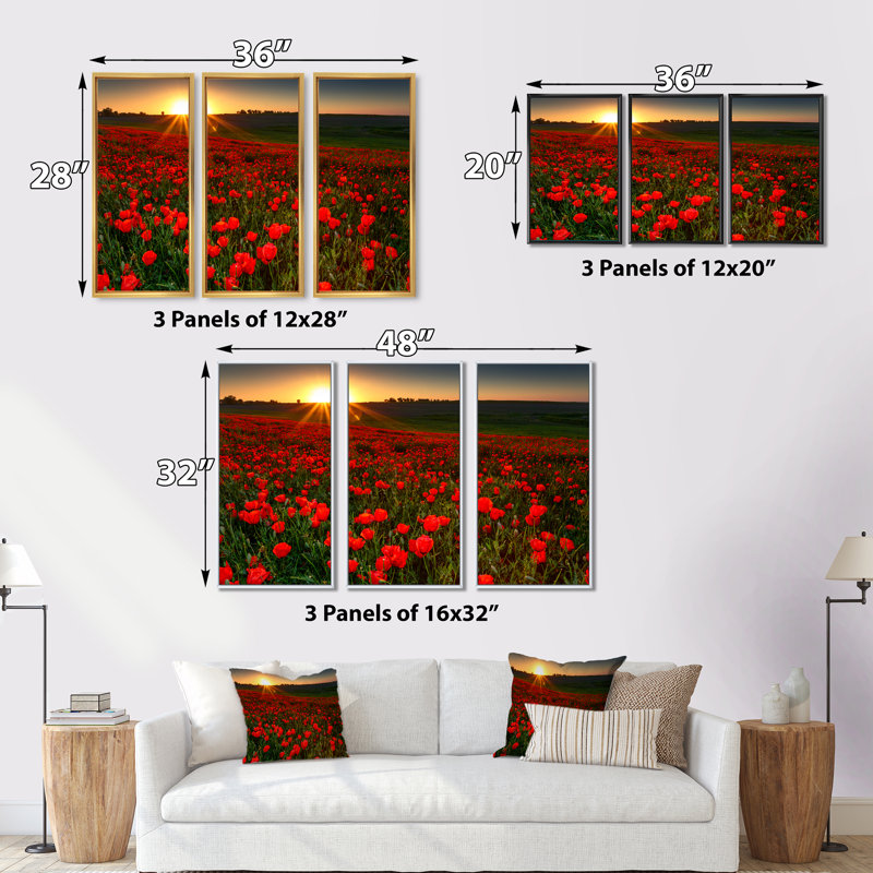Coucher de soleil sur un jardin avec coquelicots rouges - ensemble de 3 toiles encadrées florales, H 32 po x l 48 po x P 1 po