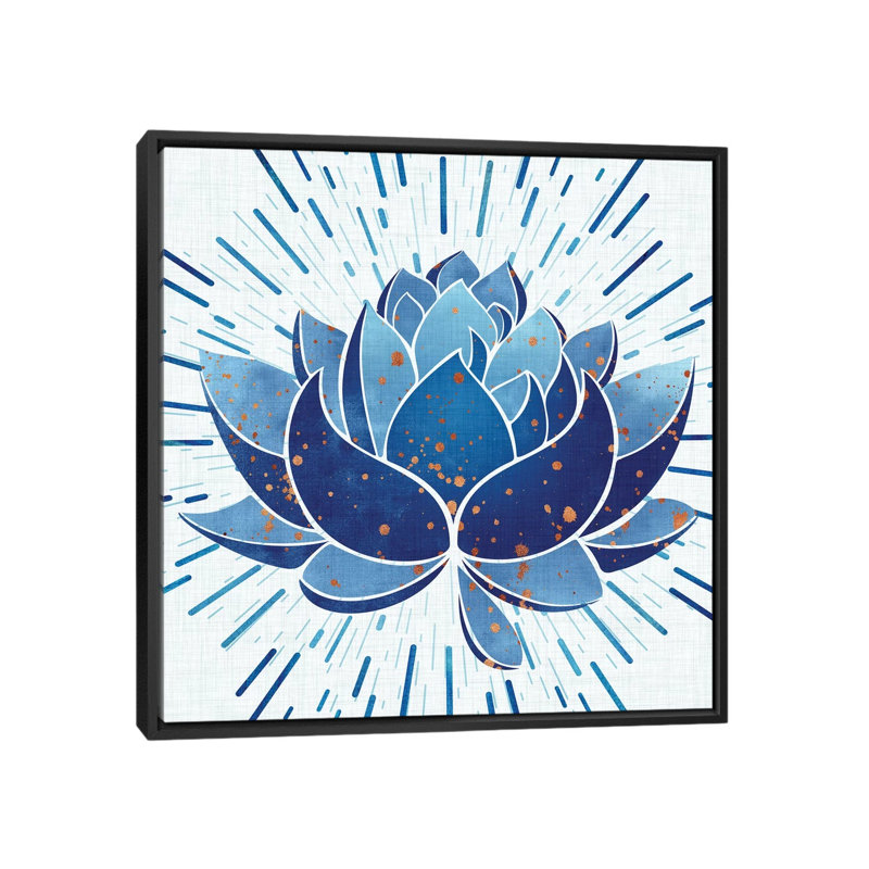 Lotus Indigo Blooming-impression d’art graphique, H 18 po x l 18 po x 1,5 po, Toile avec cadre noir, Pas de tapis