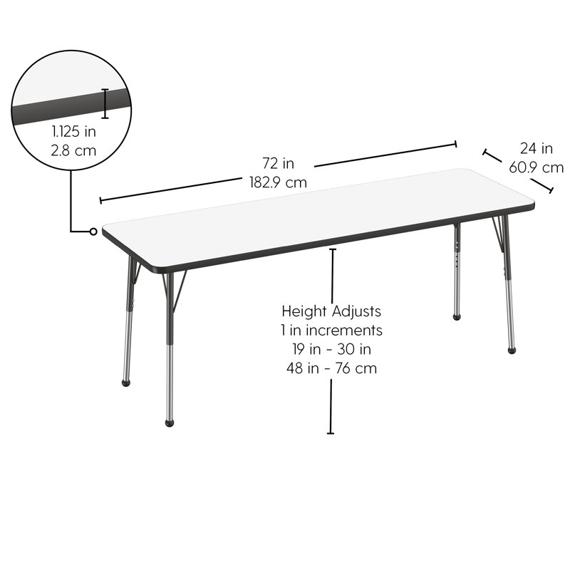 Table d'activités rectangulaire, 24 po x 72 po, Roulement à bille standard, Tableau blanc / noir