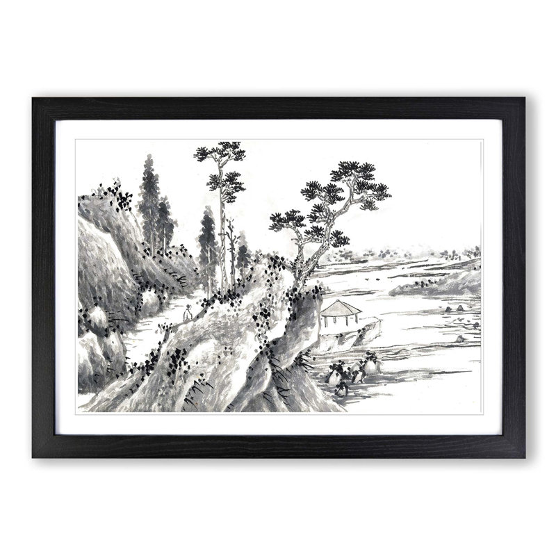 Landscape Vol.8 by Shen Zhou - Picture Frame Painting Print, 27cm H x 36cm W x 2cm D, Black Framed