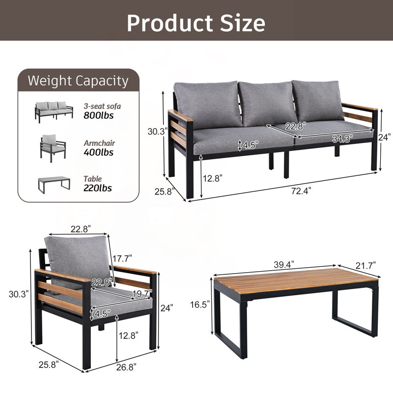 Ensemble de canapé de patio 4 pièces avec accents de bois d'acacia, coussins amovibles et table basse pour 5, Grey