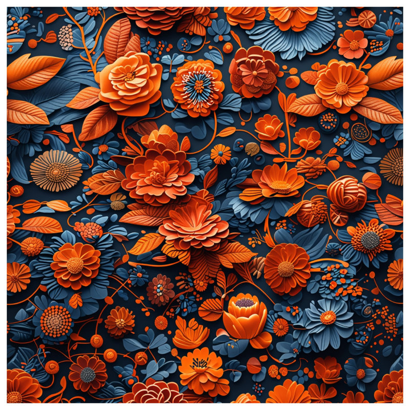 Tapis de bain orange à motif floral bleu, L 34 po x L 21 po