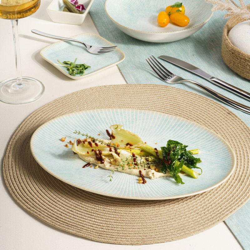 Assiette ovale en porcelaine de qualité supérieure Paros-Aqua avec pied, 28 x 19,8 cm, Aqua