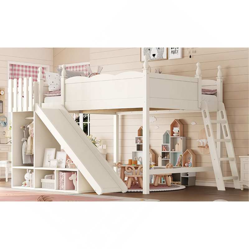 Grand lit mezzanine avec tablettes de rangement et garde-robe, lits mezzanine en bois massif avec glissières amovibles et échelles, aucune boîte à ressorts nécessaire