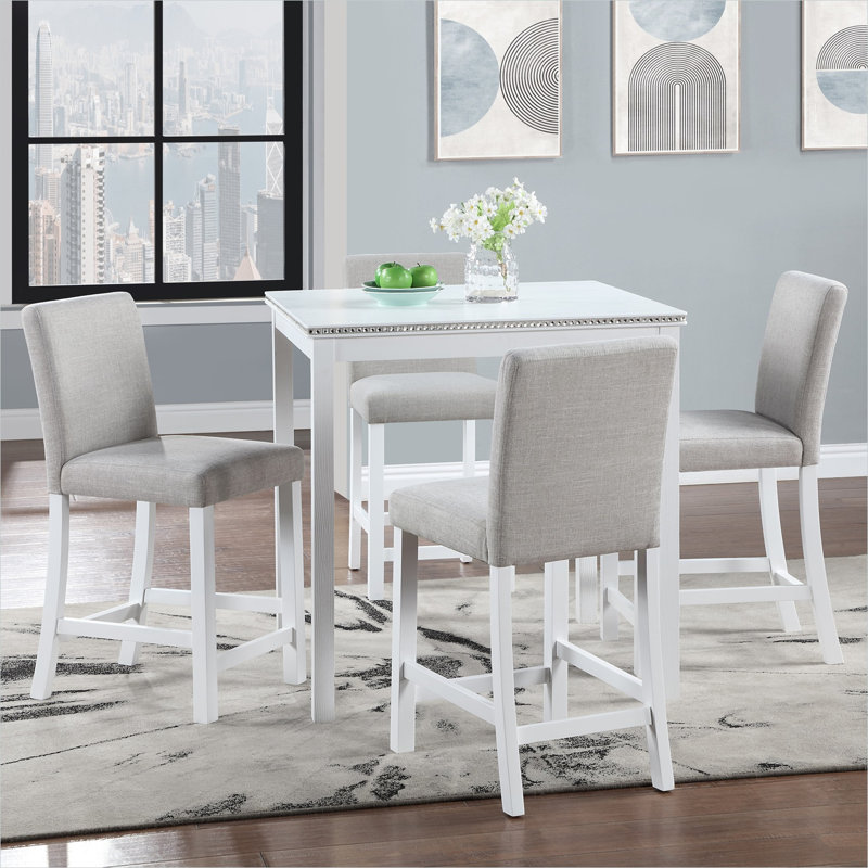 Ensemble de salle à manger carré à hauteur de comptoir avec 4 chaises rembourrées, plateau de table en faux grain de bois, structure en bois massif, gris classique, 5 pièces