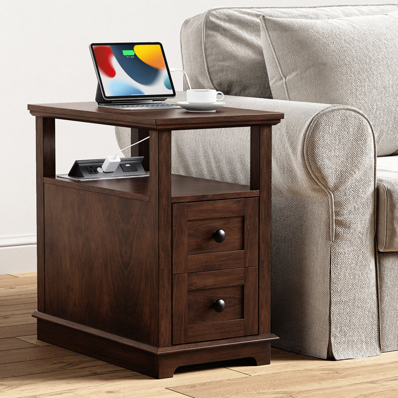2 Drawers End Tables with Storage and Fast Charging Station for Living Room, Cherry, 1 unit