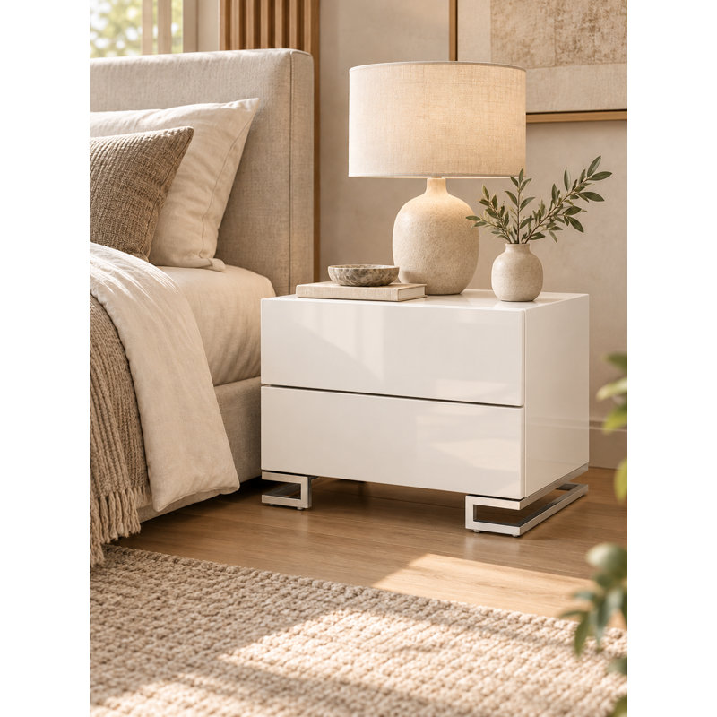 Modern 2-Drawer Nightstand with Stainless Steel Legs – Wood Veneer or High-Gloss Lacquer Finish, White