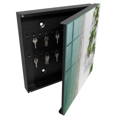 Wall mounted key box, Opens to the left, 30x30x5, White, Palm trees over a white beach next to blue water, 