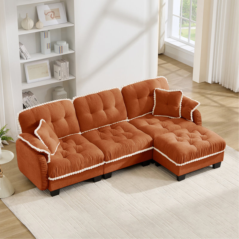 Canapé en L Chenille Cloud avec causeuse en L avec 4 coussins, repose-pieds mobile à garniture pom-pom capitonnée, conception ergonomique, canapé à assise profonde facile à assembler pour le salon, le bureau, un appartement, orange