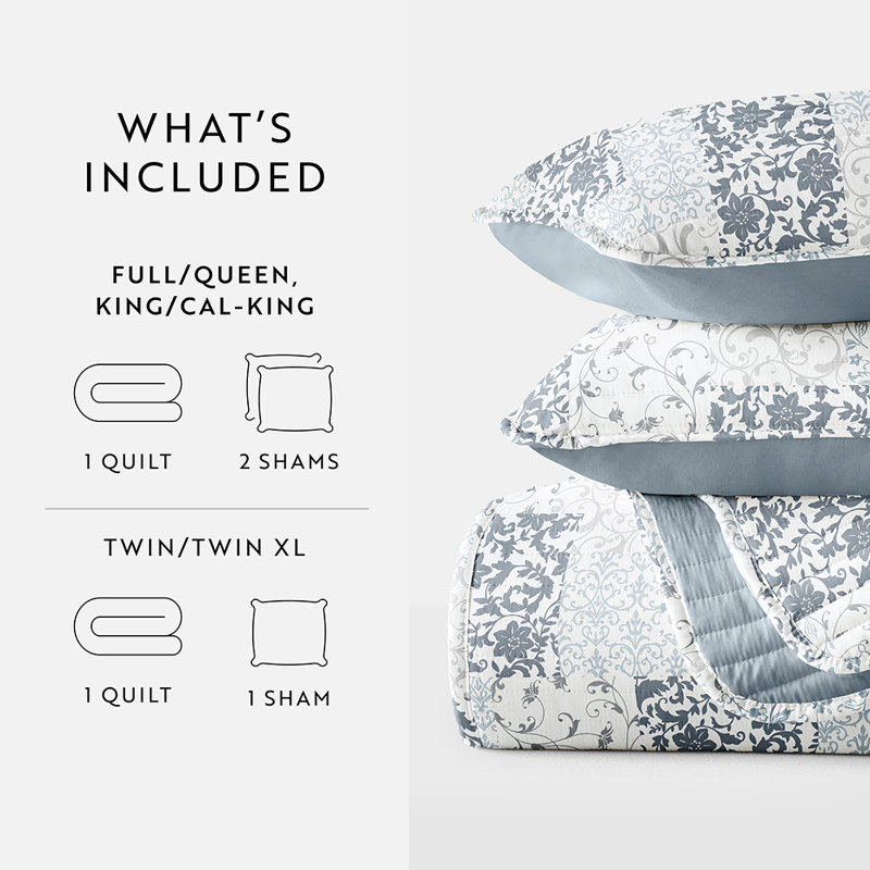Quilt Coverlet Set All Season Patterned Reversible Microfiber Ultra Soft Bedding in Patchwork, Blue