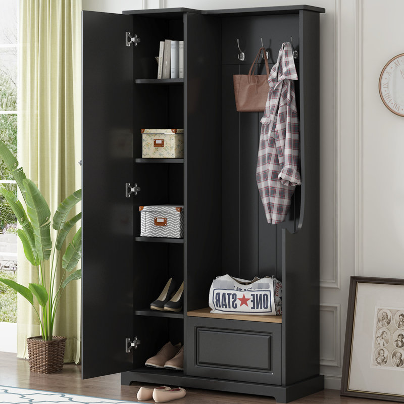 Chic Minimal - Arbre d'entrée noir avec panneau rainuré et crochets de suspension pour l'entrée de la maison