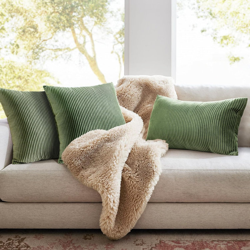 Velvet Striped Throw Pillow Covers Set of 2, Soft Throw Pillows for Home Decor 18x18in, Sage Green