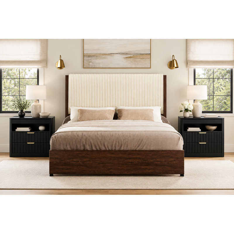 Ensemble de chambre à coucher 3 pièces, lit rembourré avec 4 tiroirs et 2 tables de chevet, Brun / Noyer, Grand lit