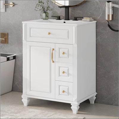 24 Inch Freestanding Bathroom Vanity with Ceramic Sink, Flip-Out Drawer, and Multiple Storage Options