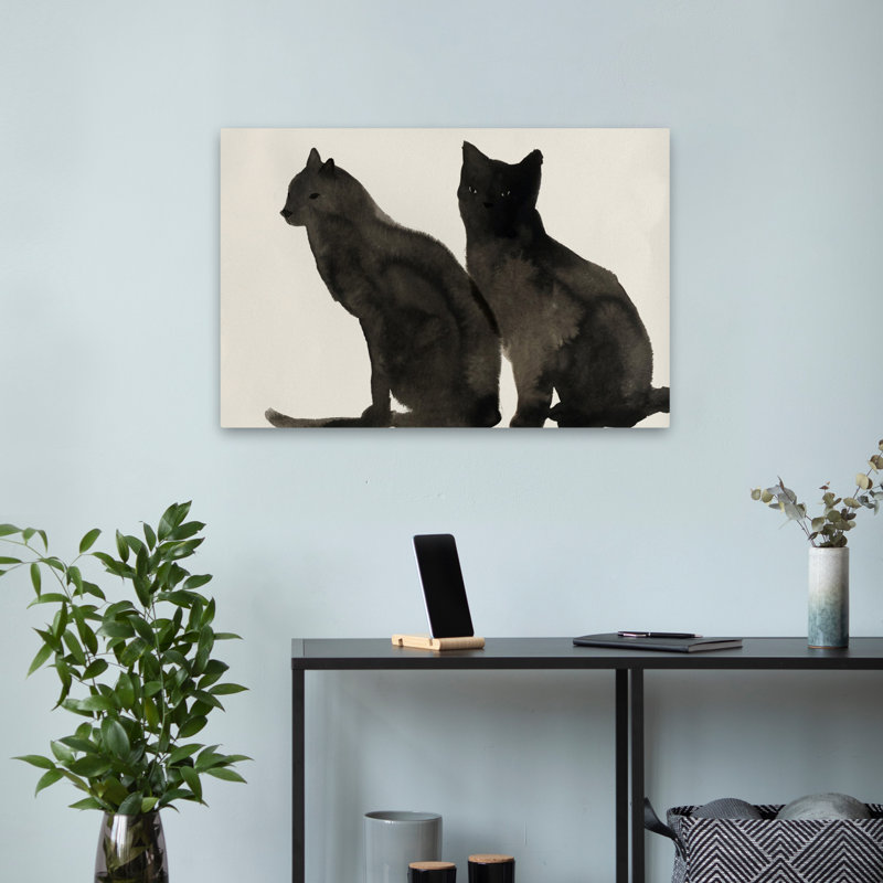 Deux chats noirs, art aquarelle minimaliste, H 24 po x l 16 po