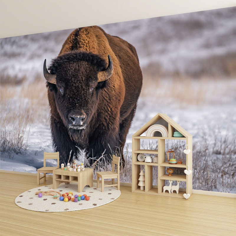Papier peint adhésif pelez et collez, bison américain majestueux, debout, enneigé, hiver, prairie, art mural, auto-adhésif et amovible
