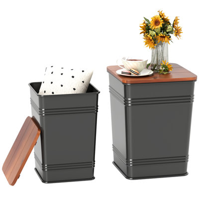 Ottoman With Storage Set Of 2, Industrial Accent Side Table With Removable Wood Lid, Metal Frame And Hidden Space, Nesting Ottoman Stool For Living Ro by 17 Stories