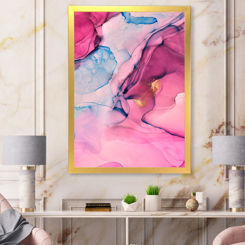 «Pink and Blue Abstract Marble I», reproduction sur toile, Cadre photo doré, H 32 po x l 16 po
