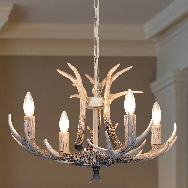 4-Light Rustic Faux Antler Resin Chandelier with Adjustable Chain, Distressed White, 4 Lights
