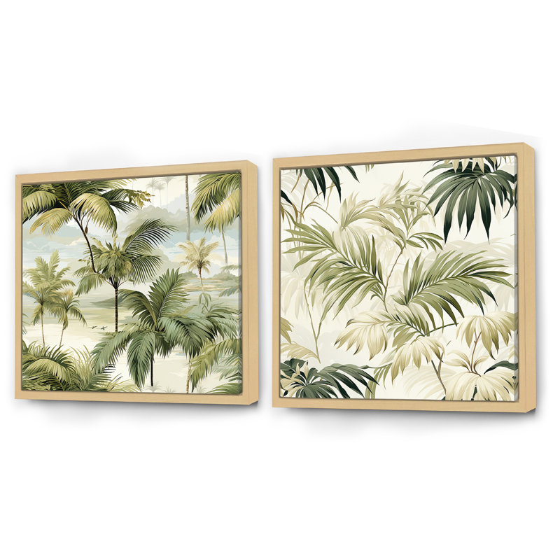 Palmier motif tropical - ensemble de 2 collages carrés tropicaux, H 16 po x l 33 po, Cadre flottant brun