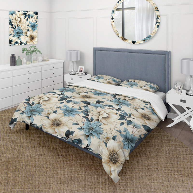 Ensemble de housse de couette Sandy Beige And Blue Hydrangea Tranquility III, Housse de couette pour très grand lit et 2 très