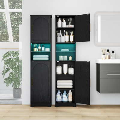 Bathroom Storage Cabinet with LED Lights, Bathroom Floor Freestanding Cabinet, Adjustable Shelves