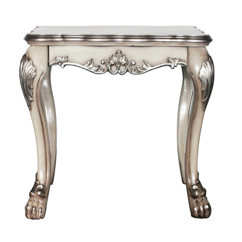 Table de bout traditionnelle carrée en blanc rétro avec des gravures élégantes et des éléments décoratifs en os complexes