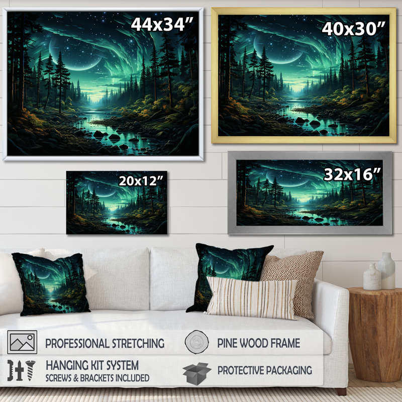 Northern Lights Forest Dreams I - forêt et rivière, art mural, H 16 po x l 32 po x P 1 po, Cadre doré à coins fermés