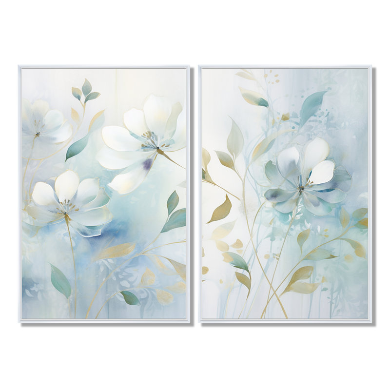 Blue Botanical Rhythms I - Art mural bleu 2 panneaux, 36" H x 48" W, Reproduction encadrée sans passe-partout, Blanc
