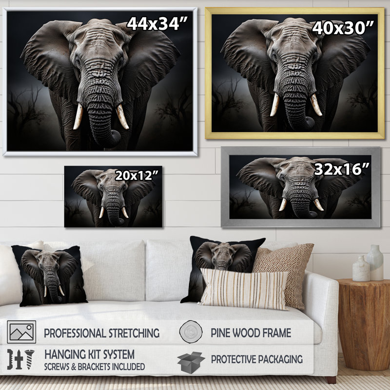 Éléphant silencieux majestueux III - Éléphant, art mural, H 16 po x l 32 po x P 1 po, Cadre simple noir