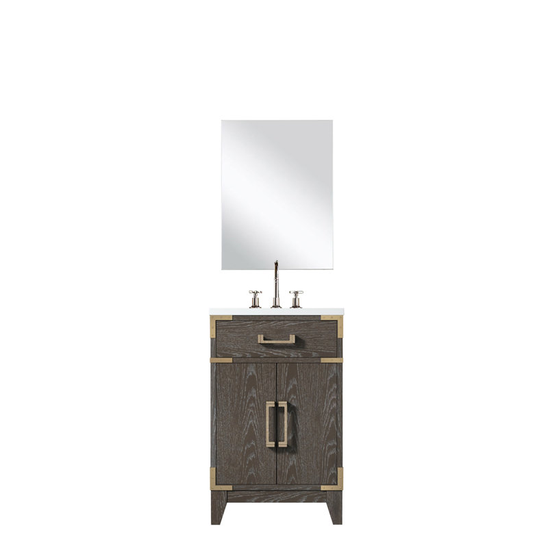 Meuble-lavabo simple en chêne brun avec robinet et miroir - Ensemble de salle de bain moderne - Comptoir en acrylique - Pièce maîtresse élégante