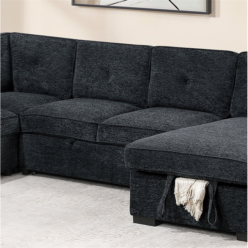 Canapé modulaire moderne en chenille noir capitonné 4 pièces avec canapé-lit et rangement, Chenille noir