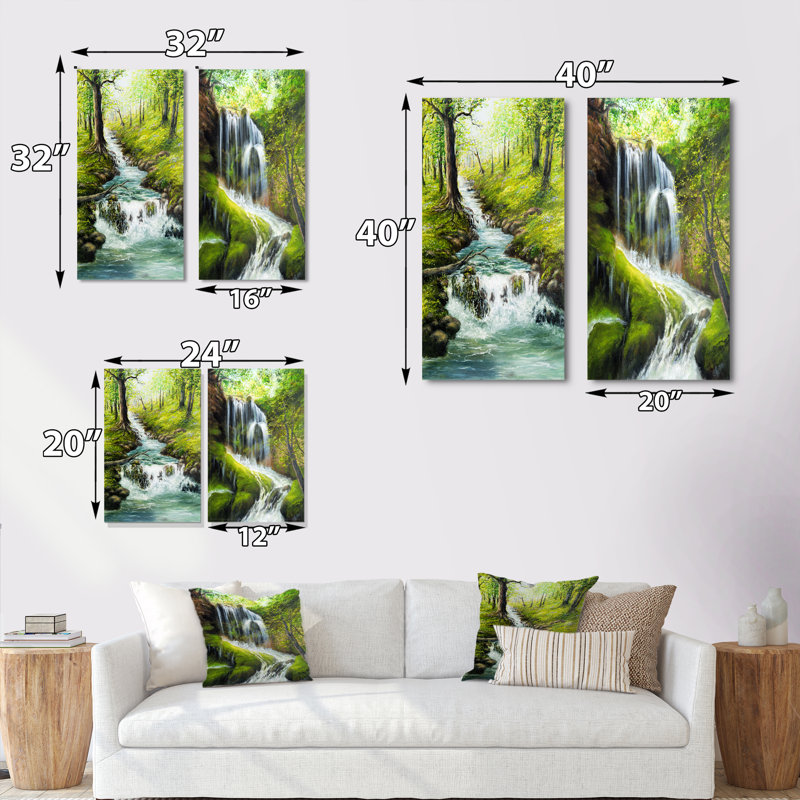 «Spring River Fall in Green Forest», ensemble de 2 peintures sur toiles, Toile tendue, H 20 po x l 24 po x P 1 po