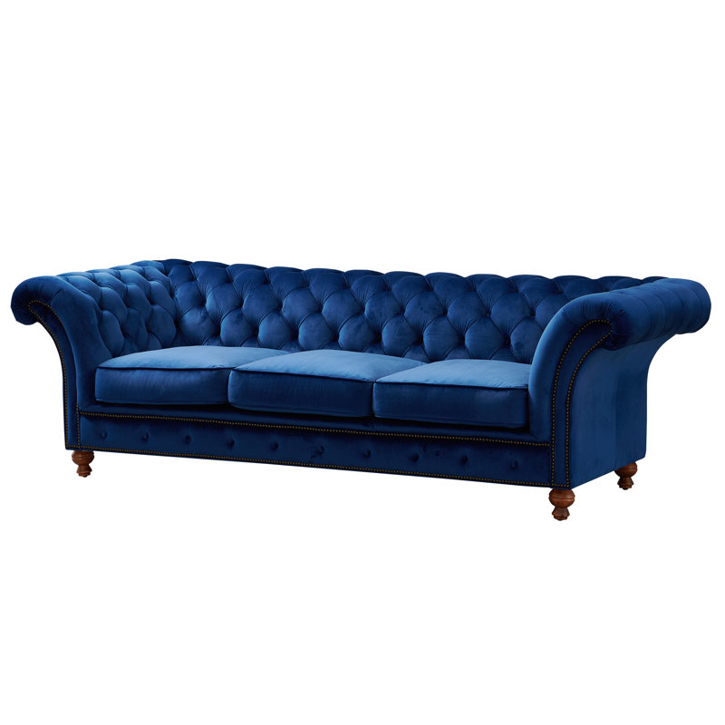 Jarique 98" Velvet Rolled Arm Chesterfield Sofa, Blue Velvet