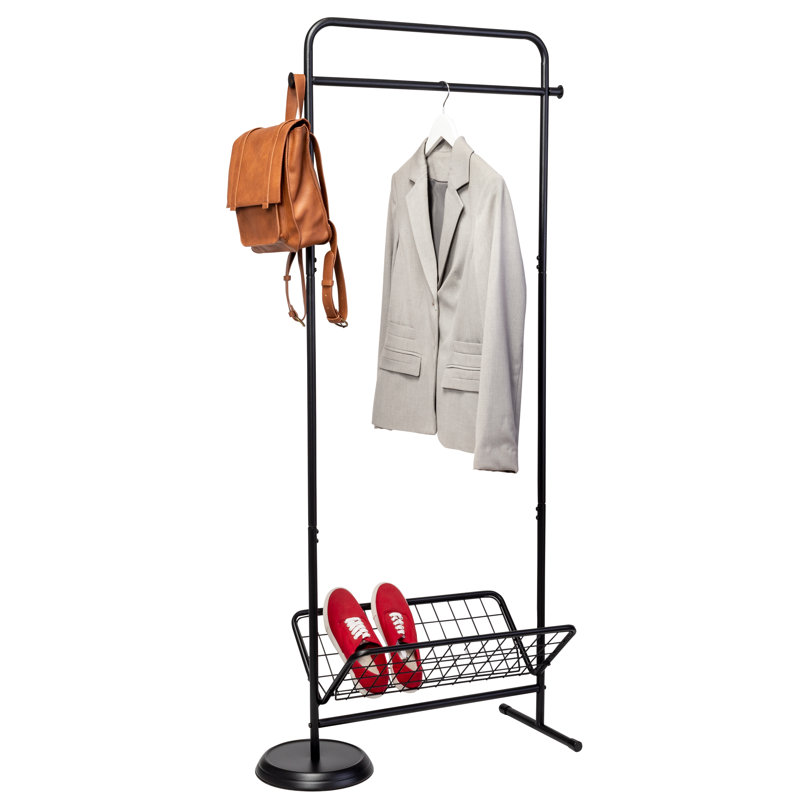 Black Steel Swivel Clothing Rack with Basket Shelf