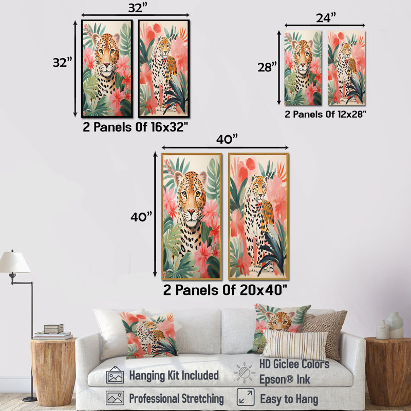 Léopard vert et rose dans la jungle I - ensemble de 2 impressions sur toile léopard, H 28 po x l 25 po, Cadre noir