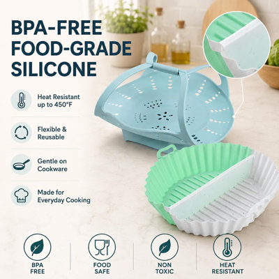 2-in-1 Silicone Steamer Sling & Divided Pot-in-Pot Insert Set for Instant Pot 6/8 Qt, Anti-Scald Pressure Cooker Lifter with 2-Chamber Steamer Basket, BPA-Free, (Mint Blue)