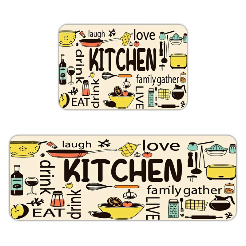 2 Pack Kitchen Doodle Beige Flannel Kitchen Mats Corridor Kitchen
