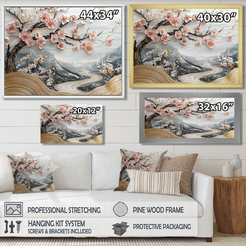Marbre cerisiers en fleurs, poésie des pétales IV - art mural cerisier en fleurs, Cadre simple, Noir, H 12 po x l 20 po
