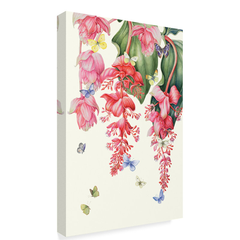 Medinilla Pink Floral Canvas Art with Butterflies, 12 x 19