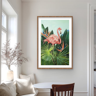 Flamant tropical - impression de tapis exotique encadré vert mat