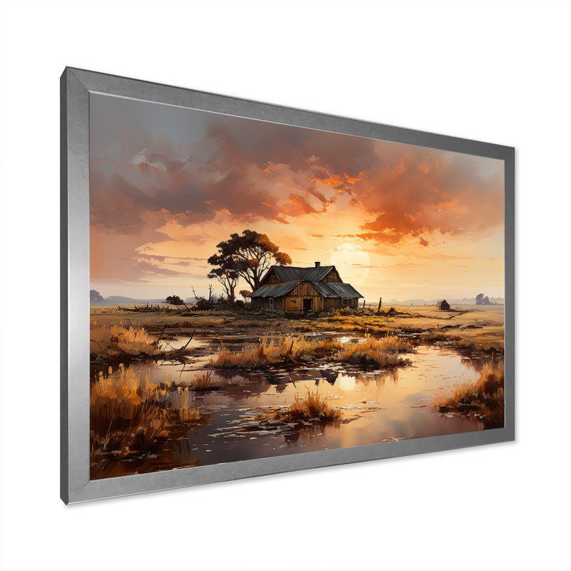 Sunrise Countryside Farm Unveile - impression, H 12 po x l 20 po x P 1 po, Cadre simple argenté
