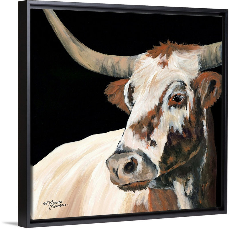 Reproduction d’art sur toile Longhorn Love par Michele Norman, Toile avec cadre noir, H 32 po x l 32 po x P 1,75 po