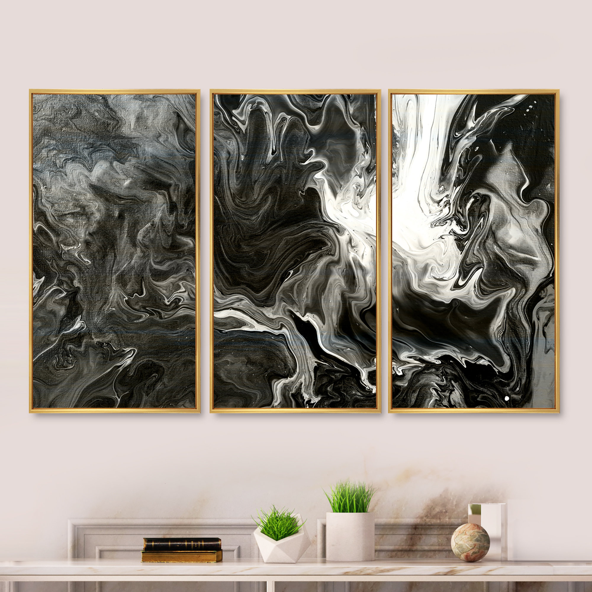  3 Pieces Abstract Canvas Wall Art Black White Marble