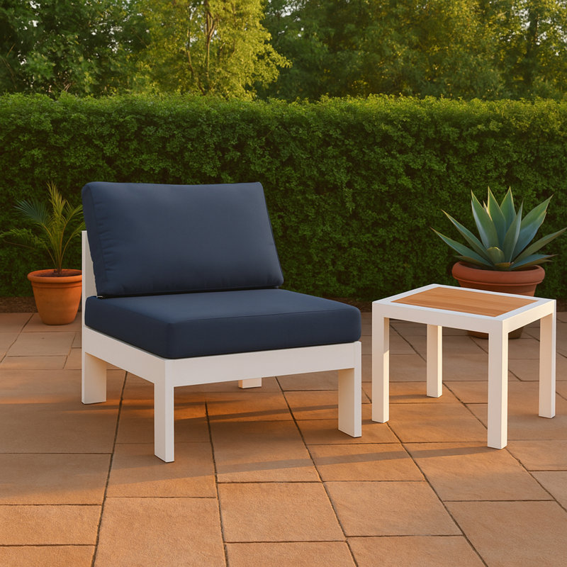 Chaise de patio avec coussins Lajoy, Marine, Blanc