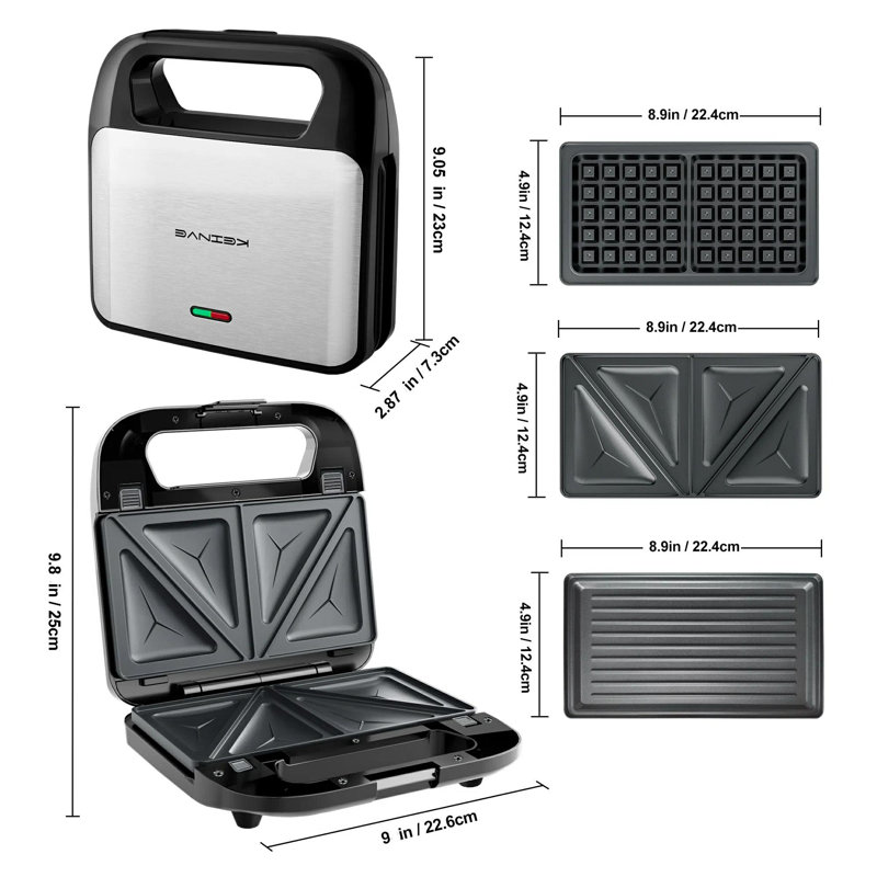 Machine à sandwich 3 en 1 et gaufrier, presse à panini 750 W avec plaque antiadhésive amovible Facile à nettoyer, machine à fromage grillé pour le petit-déjeuner de cuisine à domicile, noir