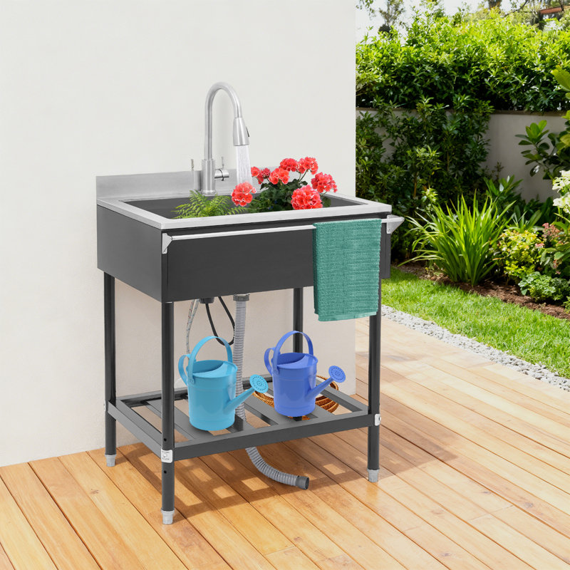 Stainless Steel Free Standing Kitchen Sink With Pull-Out Faucet, Matte Black