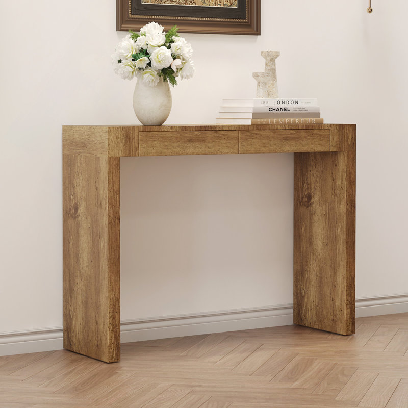 Table de bar en grain de bois naturel d'une longueur de 50 po, un choix pratique pour les maisons modernes. Autocollant texturé en grain de bois, équipé de deux tiroirs. Servant de table de bar ou de bureau.