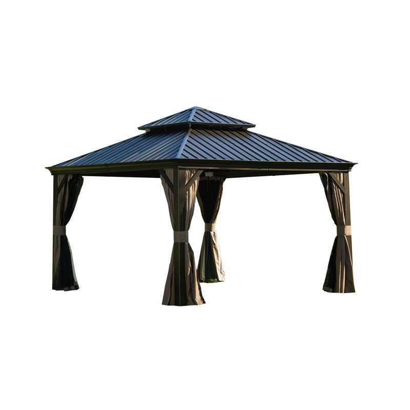 Pavillon de jardin brun 12 pi x 12 pi avec toit en acier galvanisé et cadre en aluminium résistant aux intempéries